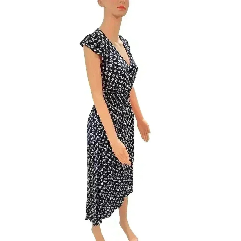 Navy Floral Midi Dress with Cap Sleeves - Picture 3 of 7